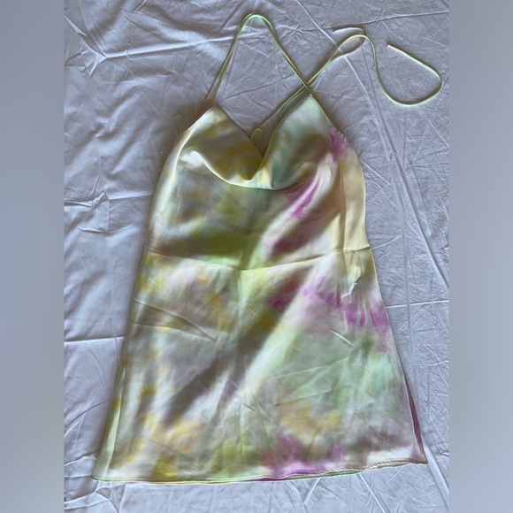 Zara Printed Watercolor Satin Tie Dye Mini Cowl Neck Dress Cream Pink XS NWT - Picture 10 of 16